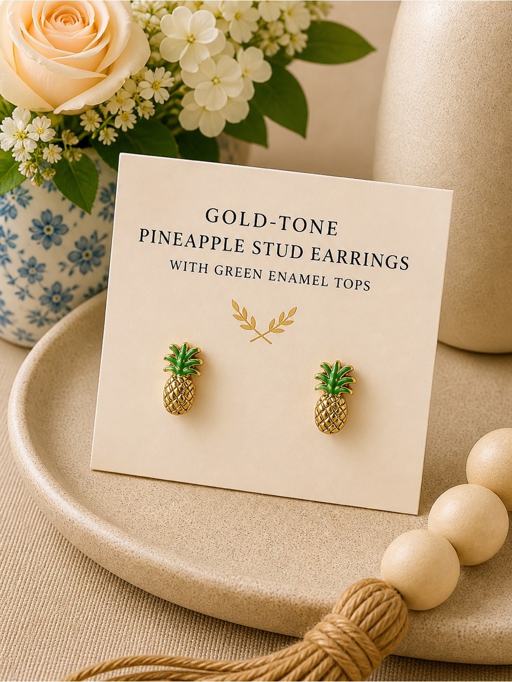 gold-tone pineapple stud earrings with green enamel tops
